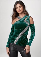 Venus Embellished Velvet Long Sleeve Top in Green