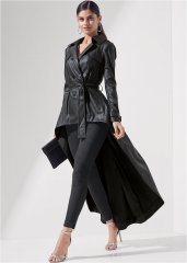 Venus High-Low Faux-Leather Trench Coat in Black