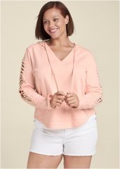 Venus Plus Size Pearl Cutout Sleeve Hoodie