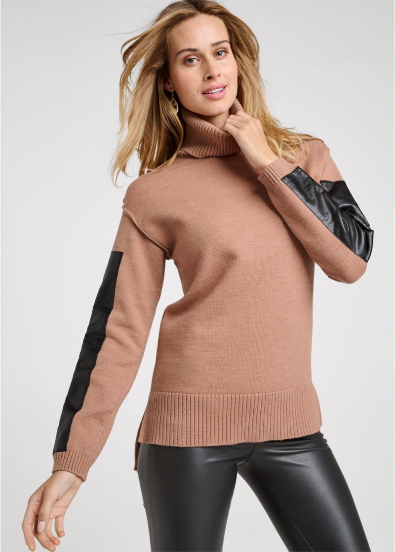 Venus Plus Size Two Tone Turtleneck in Tan Multi