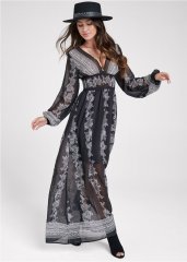 Venus Printed V-Neck Long Dress - Black & White