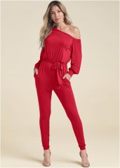 Venus Off-Shoulder Jumpsuit in Red