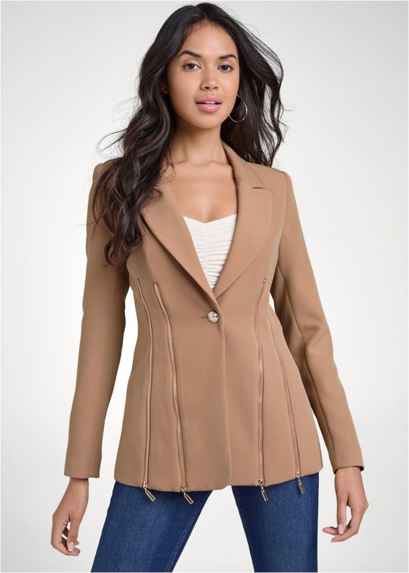 Venus Camel Zipper Detail Buttoned Blazer