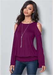 Venus Cold-Shoulder Blouson Top in Dark Purple