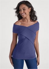 Venus Ribbed Skimming Neckline Top in Navy