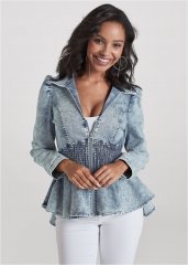 Venus Smocked Peplum Jean Jacket in Cool Wash