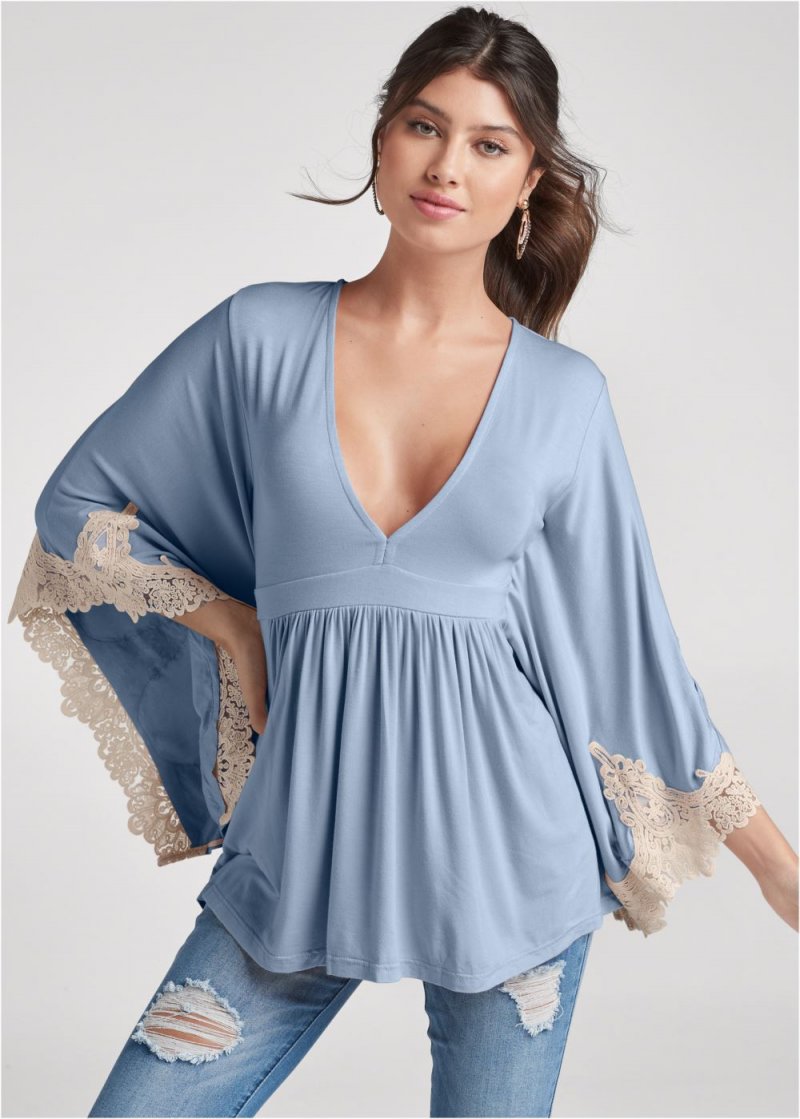 Venus Lace Bell Sleeve Top in Light Blue Multi