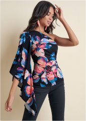 Venus One-Shoulder Printed Top in Black Multi