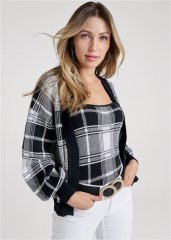 Venus Plus Size Plaid Sweater Set in Black & White