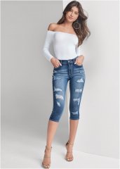 Venus Medium Wash RIPPED CAPRI JEANS