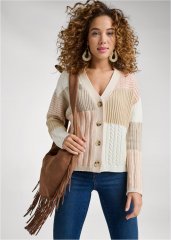 Venus Cream Multi Patchwork Cable Knit Cardigan