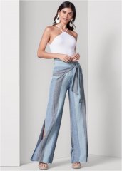 Venus Tie-Front Linen Pants in Blue Multi