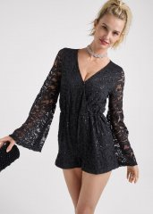 Venus Sequin Lace Open-Back Romper in Black