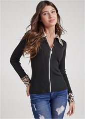 Venus Plus Size Zipper Front Cardigan in Black Multi