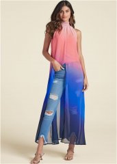 Venus Ombre Mock-Neck Maxi Top in Coral Multi