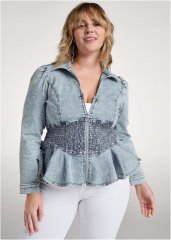 Venus Smocked Peplum Jean Jacket in Cool Wash