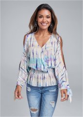 Venus Tie Dye Cold-Shoulder Top in Cream Multi