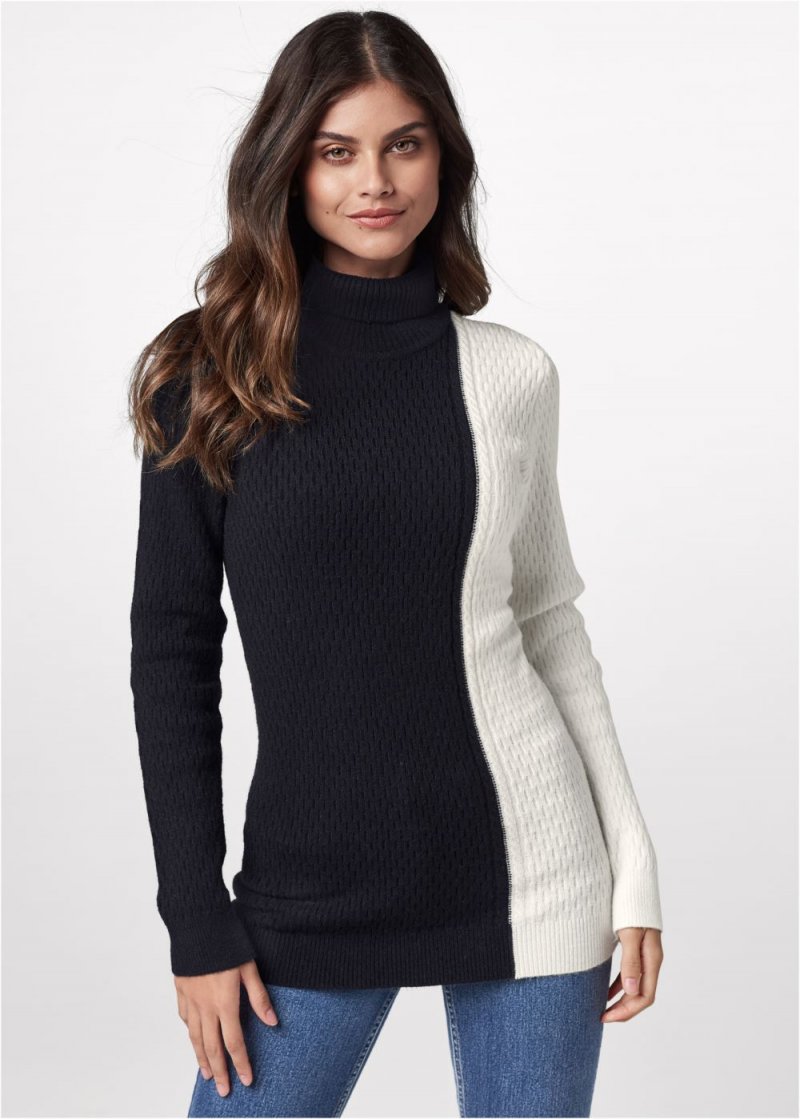 Venus Plus Size Color Block Turtleneck Sweater in Black & Off White