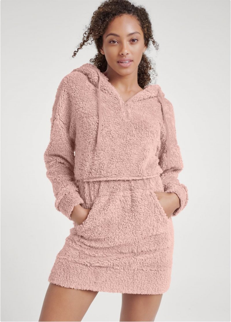 Venus Plus Size Cozy Sherpa Neck-Zip Dress in Peach Blush