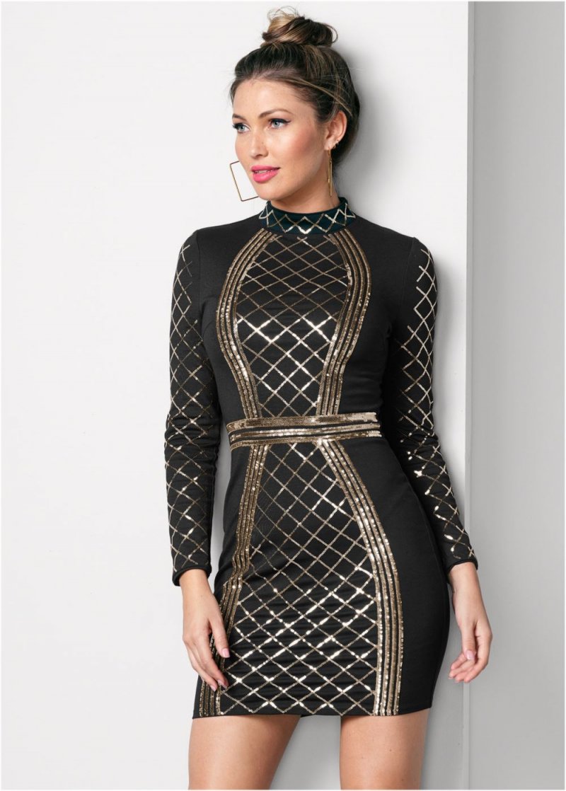 Venus Sequin Bodycon Dress - Black & Gold