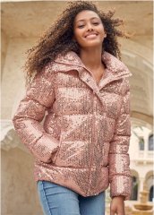 Venus Sequin Puffer Jacket in Rose Gold