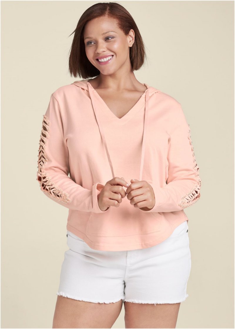 Venus Plus Size Pearl Cutout Sleeve Hoodie in Pink