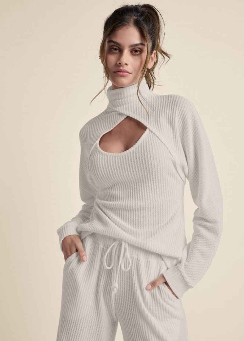 Venus Wrap Turtleneck Keyhole Top in Oatmeal