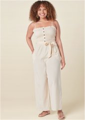 Venus Plus Size Smocked Detail Linen Jumpsuit in Sand