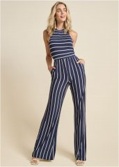 Venus Striped Halter Jumpsuit in Navy & White