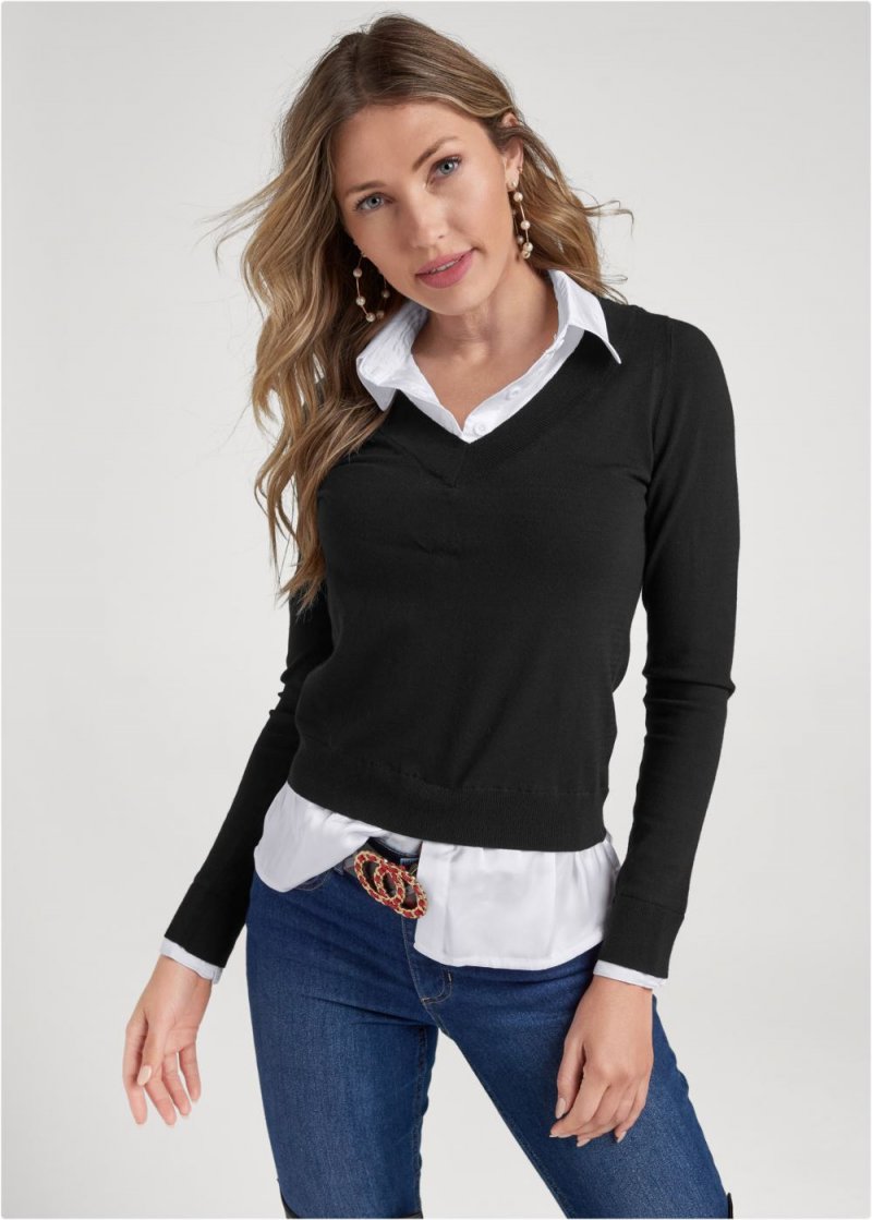 Venus Plus Size Layered V-Neck Sweater in Black & White