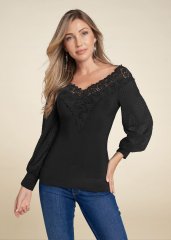 Venus Lace Neckline Top in Black