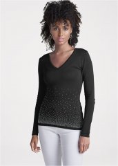 Venus VENUS | Rhinestone V-Neck Sweater in Black