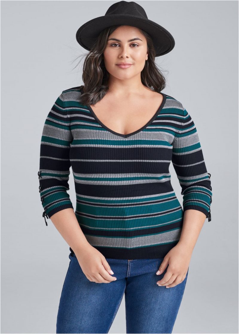 Venus Plus Size Striped Sweater in Black Multi