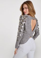 Venus Plus Size Open Back Paillette Sweater in Grey