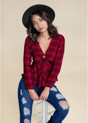 Venus Plaid Ring Detail Top in Red Multi