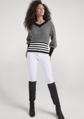 Venus Plus Size Cropped Stripe V-Neck Sweater in Black & White