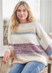 Venus Plus Size Striped Eyelash Sweater in White Multi