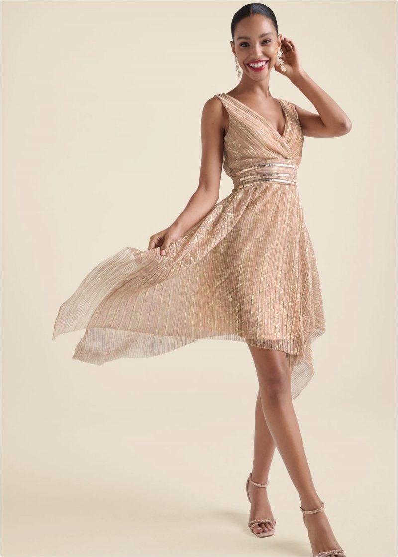 Venus Handkerchief Hem Shimmer Dress - Rose Gold