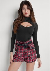 Venus Gathered Tweed Shorts - Black & Red