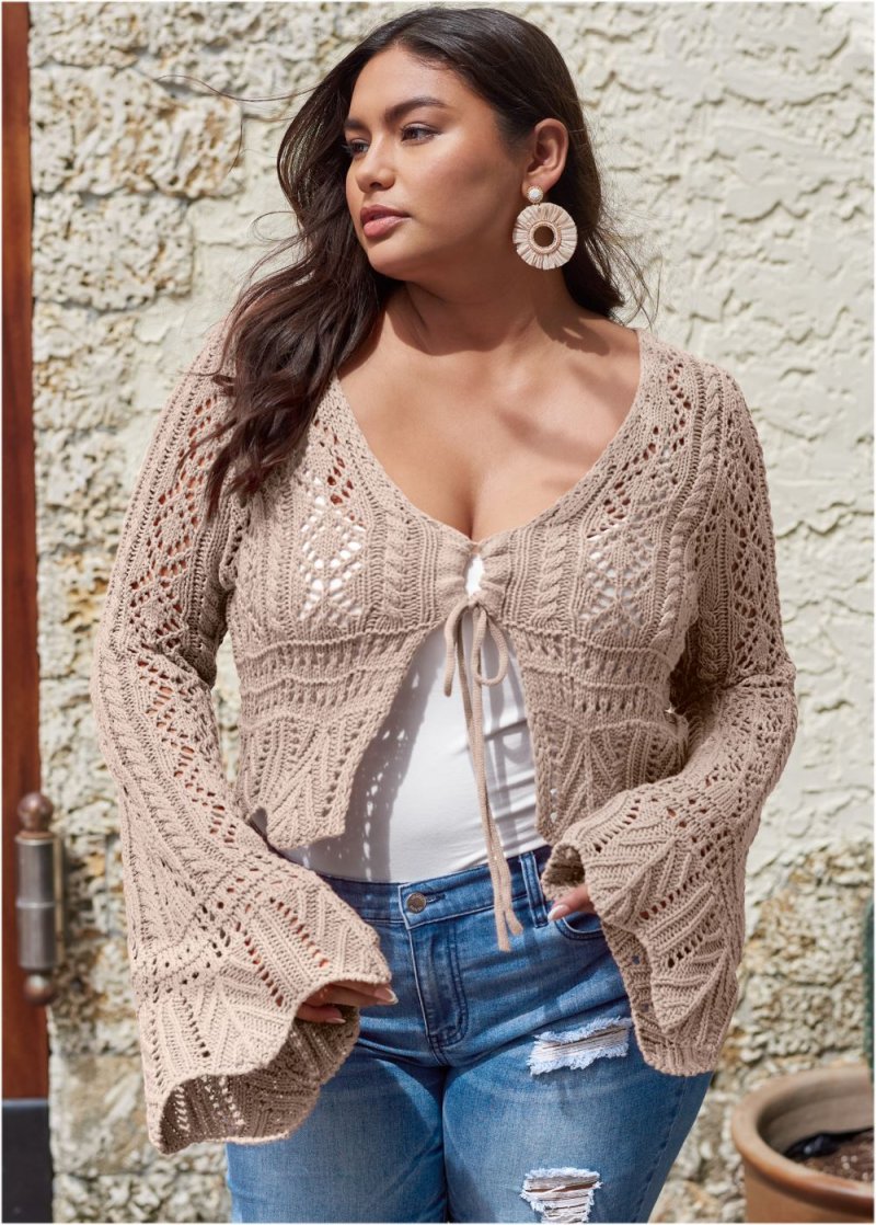 Venus Plus Size Tie-Front Cropped Cardigan in Taupe