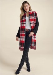 Venus Plus Size Plaid Fringe Duster in Black Multi