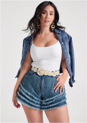 Venus Frayed Ruffle Jean Shorts - Medium Wash