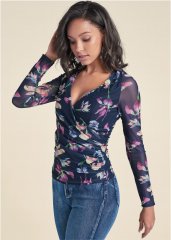 Venus Bahamian Floral Mesh Top in Navy Multi