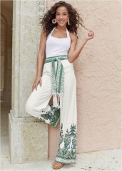 Venus Linen Paisley Print Pants in White Multi