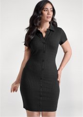 Venus Black RIBBED BUTTON-FRONT DRESS