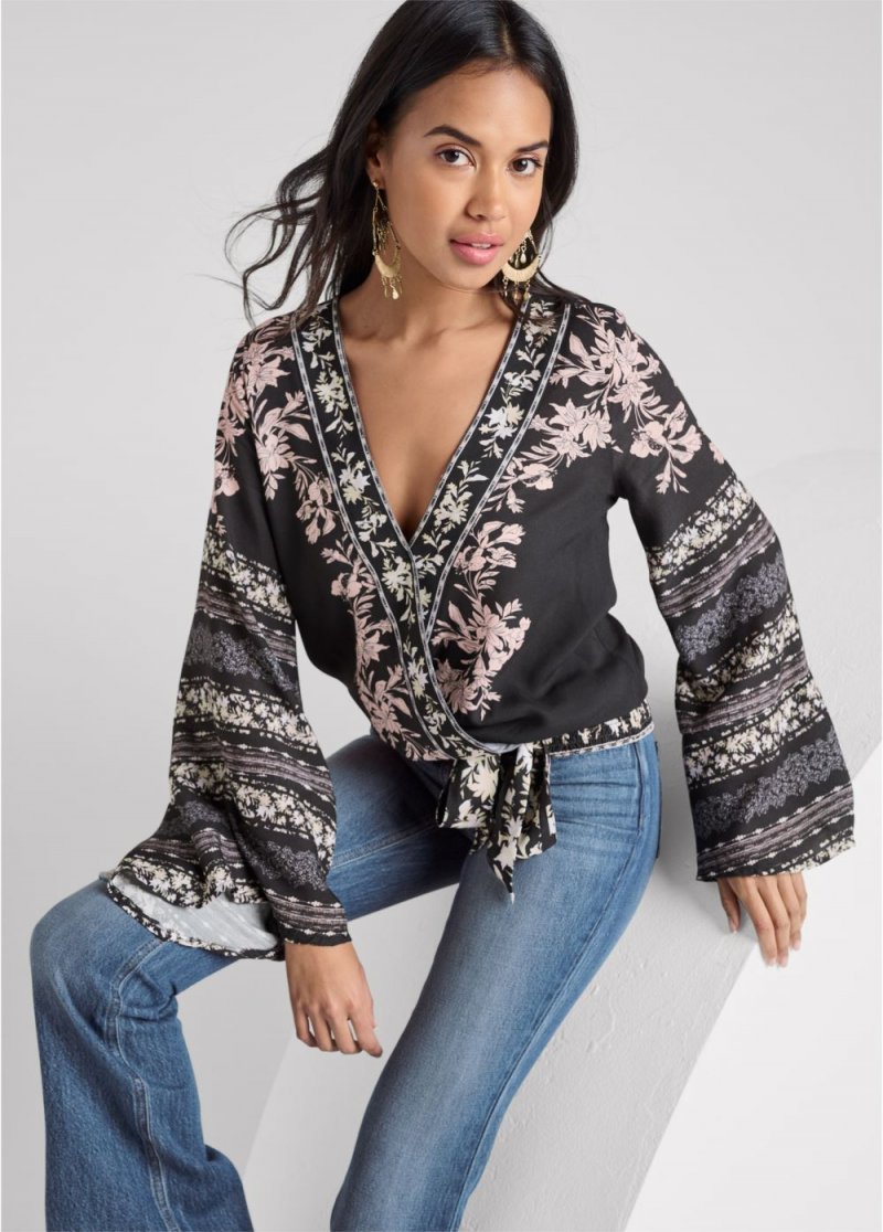 Venus Plus Size Bell Sleeve Print Wrap Top