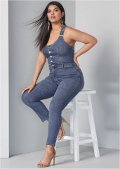 Venus Plus Size Denim Overalls in Medium Wash