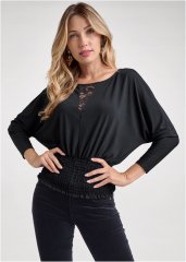 Venus Smocked Waist Blouson Top in Black