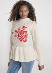 Venus Plus Size Rose Detail Peplum Sweater in Off White & Red