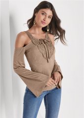 Venus Plus Size Faux-Suede Crochet Trim Top